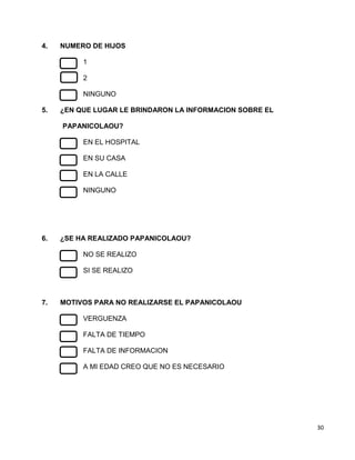 30
4. NUMERO DE HIJOS
1
2
NINGUNO
5. ¿EN QUE LUGAR LE BRINDARON LA INFORMACION SOBRE EL
PAPANICOLAOU?
EN EL HOSPITAL
EN SU CASA
EN LA CALLE
NINGUNO
6. ¿SE HA REALIZADO PAPANICOLAOU?
NO SE REALIZO
SI SE REALIZO
7. MOTIVOS PARA NO REALIZARSE EL PAPANICOLAOU
VERGUENZA
FALTA DE TIEMPO
FALTA DE INFORMACION
A MI EDAD CREO QUE NO ES NECESARIO
 