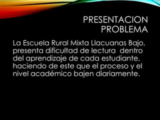 PRESENTACION
PROBLEMA
La Escuela Rural Mixta Llacuanas Bajo,
presenta dificultad de lectura dentro
del aprendizaje de cada estudiante,
haciendo de este que el proceso y el
nivel académico bajen diariamente.
 
