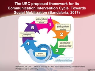 The URC proposed framework for its
Communication Intervention Cycle Towards
Social Mobilization (Bandalaria, 2017)
Bandalaria, M. (2017). Module 6 Guide [COMM 380 Class handout]. University of the
Philippines Open University
 