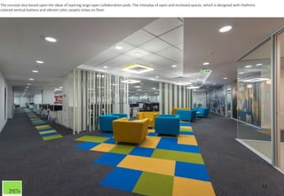 12
The concept also based upon the ideas of layering large open collaboration pods. The interplay of open and enclosed spaces, which is designed with rhythmic
colored vertical battens and vibrant color carpets inlays on floor.
12
 
