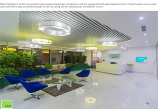 19
Maxim Integrated is an American, publicly traded company that designs, manufactures, and sells analog and mixed-signal integrated circuits. The Brief was to create a unique
space with more privacy yet collaborative type for 250 seats along with five Individual Labs with Different features.
 