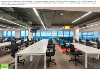 24
Designing the office space for one of the lead Japanese E-Commerce Company was challenging, the office was already occupied in the 20th LVL@WTC, Bangalore. The
company’s rapid success resulted to expand in same building at 29th level, the brief was to adopt more flexible work methods. The main goal was to create unique yet
smart open office with agile workstations.
 