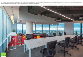 25
We ensured to consider everyone’s need; we discovered that the people wanted more small discussion rooms /Telephone Booths / Brainstorming and Breakout areas. We
designed the flexible workplaces to allow employees to sit anywhere they wish to.
 