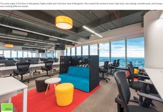 27
The acute angle of this floor is fully glazed, highly visible and is the best view of Bangalore. We created the variety of seats: high seats, low seating, movable seats, and lounge s
eats creating different moods.
 