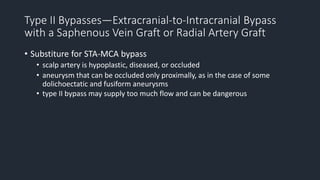 Type II Bypasses—Extracranial-to-Intracranial Bypass
with a Saphenous Vein Graft or Radial Artery Graft
• Substiture for STA-MCA bypass
• scalp artery is hypoplastic, diseased, or occluded
• aneurysm that can be occluded only proximally, as in the case of some
dolichoectatic and fusiform aneurysms
• type II bypass may supply too much flow and can be dangerous
 