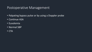 Postoperative Management
• Palpating bypass pulse or by using a Doppler probe
• Continue ASA
• Euvolemia
• Normal SBP
• CTA
 