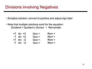 18
Divisions involving Negatives
• Simplest solution: convert to positive and adjust sign later
• Note that multiple solut...