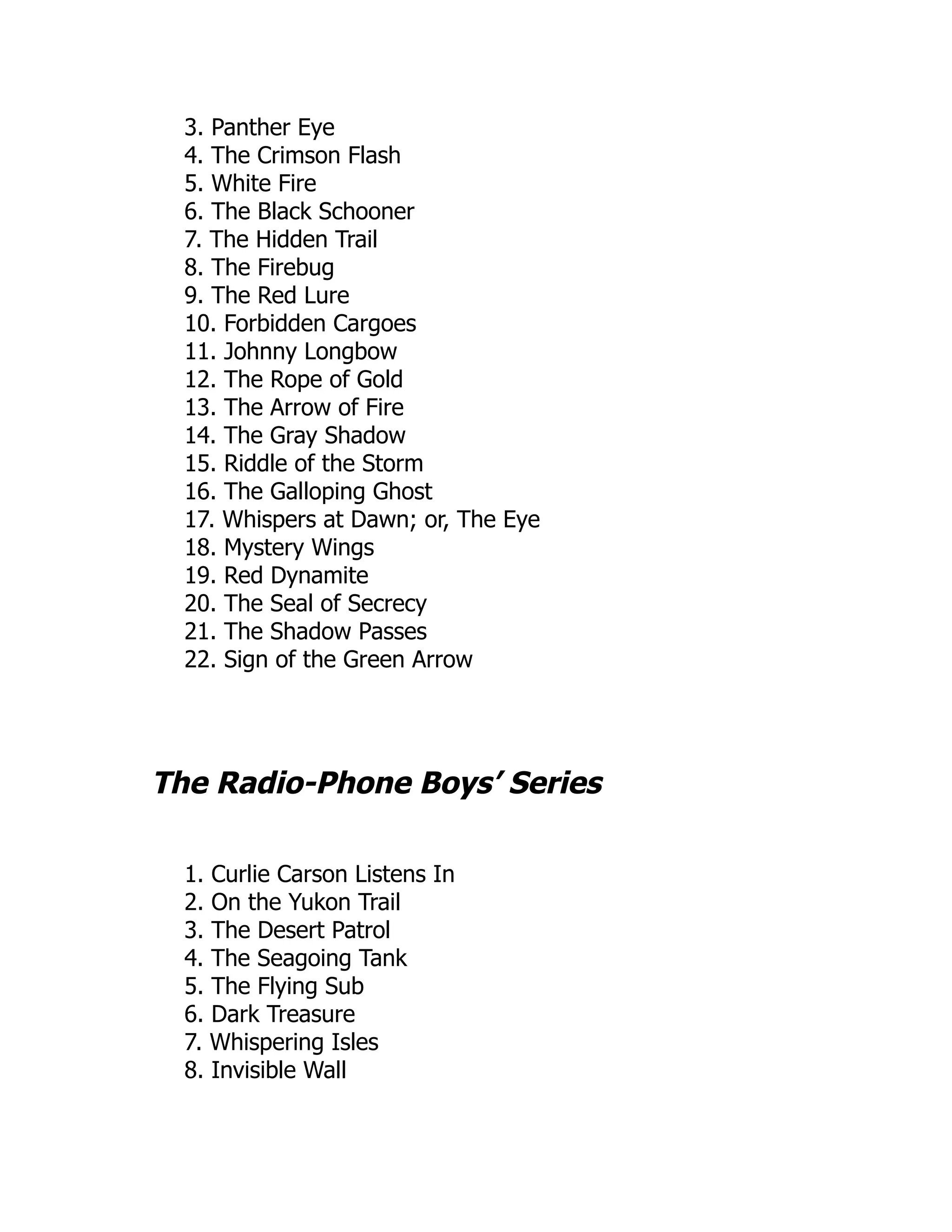 3. Panther Eye
4. The Crimson Flash
5. White Fire
6. The Black Schooner
7. The Hidden Trail
8. The Firebug
9. The Red Lure
10. Forbidden Cargoes
11. Johnny Longbow
12. The Rope of Gold
13. The Arrow of Fire
14. The Gray Shadow
15. Riddle of the Storm
16. The Galloping Ghost
17. Whispers at Dawn; or, The Eye
18. Mystery Wings
19. Red Dynamite
20. The Seal of Secrecy
21. The Shadow Passes
22. Sign of the Green Arrow
The Radio-Phone Boys’ Series
1. Curlie Carson Listens In
2. On the Yukon Trail
3. The Desert Patrol
4. The Seagoing Tank
5. The Flying Sub
6. Dark Treasure
7. Whispering Isles
8. Invisible Wall
 