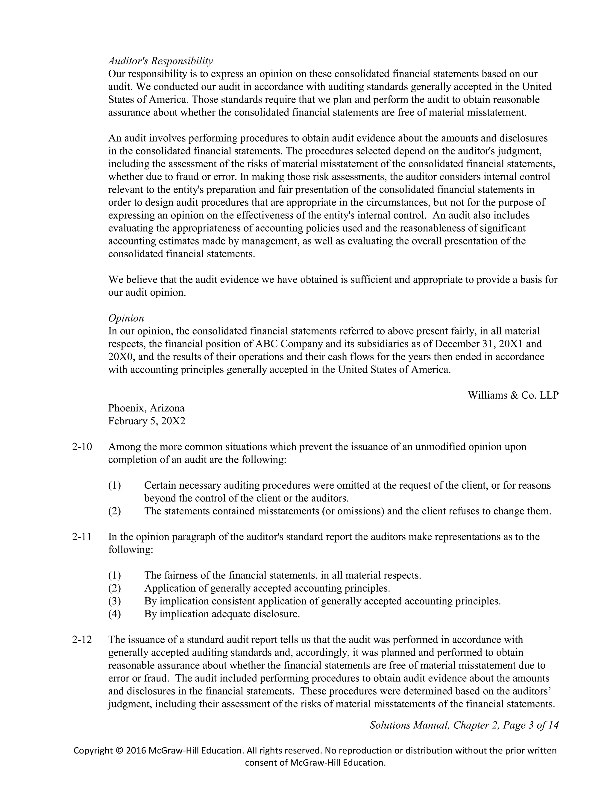 Solutions Manual, Chapter 2, Page 3 of 14
Copyright © 2016 McGraw-Hill Education. All rights reserved. No reproduction or distribution without the prior written
consent of McGraw-Hill Education.
Auditor's Responsibility
Our responsibility is to express an opinion on these consolidated financial statements based on our
audit. We conducted our audit in accordance with auditing standards generally accepted in the United
States of America. Those standards require that we plan and perform the audit to obtain reasonable
assurance about whether the consolidated financial statements are free of material misstatement.
An audit involves performing procedures to obtain audit evidence about the amounts and disclosures
in the consolidated financial statements. The procedures selected depend on the auditor's judgment,
including the assessment of the risks of material misstatement of the consolidated financial statements,
whether due to fraud or error. In making those risk assessments, the auditor considers internal control
relevant to the entity's preparation and fair presentation of the consolidated financial statements in
order to design audit procedures that are appropriate in the circumstances, but not for the purpose of
expressing an opinion on the effectiveness of the entity's internal control. An audit also includes
evaluating the appropriateness of accounting policies used and the reasonableness of significant
accounting estimates made by management, as well as evaluating the overall presentation of the
consolidated financial statements.
We believe that the audit evidence we have obtained is sufficient and appropriate to provide a basis for
our audit opinion.
Opinion
In our opinion, the consolidated financial statements referred to above present fairly, in all material
respects, the financial position of ABC Company and its subsidiaries as of December 31, 20X1 and
20X0, and the results of their operations and their cash flows for the years then ended in accordance
with accounting principles generally accepted in the United States of America.
Williams & Co. LLP
Phoenix, Arizona
February 5, 20X2
2-10 Among the more common situations which prevent the issuance of an unmodified opinion upon
completion of an audit are the following:
(1) Certain necessary auditing procedures were omitted at the request of the client, or for reasons
beyond the control of the client or the auditors.
(2) The statements contained misstatements (or omissions) and the client refuses to change them.
2-11 In the opinion paragraph of the auditor's standard report the auditors make representations as to the
following:
(1) The fairness of the financial statements, in all material respects.
(2) Application of generally accepted accounting principles.
(3) By implication consistent application of generally accepted accounting principles.
(4) By implication adequate disclosure.
2-12 The issuance of a standard audit report tells us that the audit was performed in accordance with
generally accepted auditing standards and, accordingly, it was planned and performed to obtain
reasonable assurance about whether the financial statements are free of material misstatement due to
error or fraud. The audit included performing procedures to obtain audit evidence about the amounts
and disclosures in the financial statements. These procedures were determined based on the auditors’
judgment, including their assessment of the risks of material misstatements of the financial statements.
 