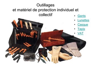 Outillages
et matériel de protection individuel et
collectif • Gants
• Lunettes
• Casque
• Tapis
• VAT
 