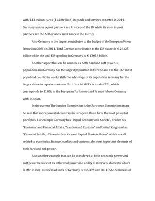 with 1.13 trillion euros ($1.28 trillion) in goods and services exported in 2014.
Germany’s main export partners are France and the UK while its main import
partners are the Netherlands, and France in the Europe.
Also Germany is the largest contributor to the budget of the European Union
(providing 20%) in 2011. Total German contribution to the EU budget is € 26.125
billion while the total EU spending in Germany is € 13.056 billion.
Another aspect that can be counted as both hard and soft power is
population and Germany has the largest population in Europe and it is the 16th most
populated country in world. With the advantage of its population Germany has the
largest share in representation in EU. It has 96 MEPs in total of 751, which
corresponds to 12.8%, in the European Parliament and France follows Germany
with 74 seats.
In the current The Juncker Commission is the European Commission; it can
be seen that more powerful countries in European Union have the most powerful
portfolios. For example Germany has “Digital Economy and Society”, France has
“Economic and Financial Affairs, Taxation and Customs” and United Kingdom has
“Financial Stability, Financial Services and Capital Markets Union”, which are all
related to economics, finance, markets and customs, the most important elements of
both hard and soft power.
Also another example that can be considered as both economic power and
soft power because of its influential power and ability to intervene domestic affairs
is IMF. In IMF, numbers of votes of Germany is 146,392 with its 14,565.5 millions of
 