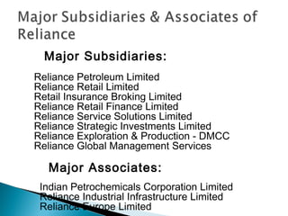 Major Subsidiaries:
Reliance Petroleum Limited
Reliance Retail Limited
Retail Insurance Broking Limited
Reliance Retail Finance Limited
Reliance Service Solutions Limited
Reliance Strategic Investments Limited
Reliance Exploration & Production - DMCC
Reliance Global Management Services

  Major Associates:
 Indian Petrochemicals Corporation Limited
 Reliance Industrial Infrastructure Limited
 Reliance Europe Limited
 