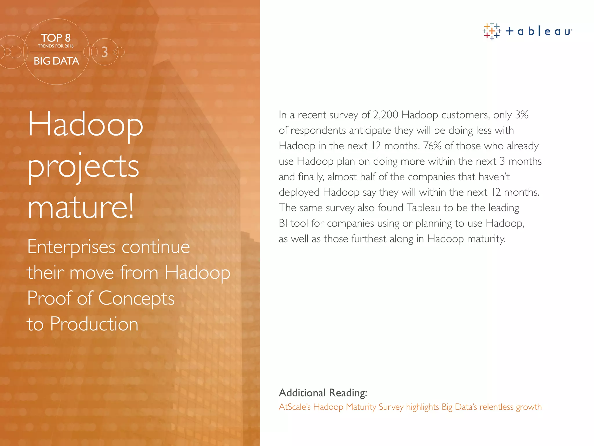 Hadoop
projects
mature!
Enterprises continue
their move from Hadoop
Proof of Concepts
to Production
Additional Reading:
AtScale’s Hadoop Maturity Survey highlights Big Data’s relentless growth
In a recent survey of 2,200 Hadoop customers, only 3%
of respondents anticipate they will be doing less with
Hadoop in the next 12 months. 76% of those who already
use Hadoop plan on doing more within the next 3 months
and finally, almost half of the companies that haven’t
deployed Hadoop say they will within the next 12 months.
The same survey also found Tableau to be the leading
BI tool for companies using or planning to use Hadoop,
as well as those furthest along in Hadoop maturity.
3
TOP 8
TRENDS FOR 2016
BIG DATA
 