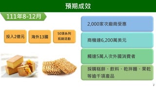 2
預期成效
2,000家次廠商受惠
商機達6,200萬美元
觸達5萬人次外國消費者
採購糕餅、飲料、乾拌麵、果乾
等逾千項產品
投入2億元 海外13國
50項系列
拓銷活動
111年8-12月
 