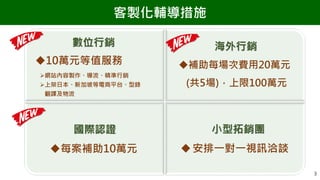 3
客製化輔導措施
海外行銷
補助每場次費用20萬元
(共5場)，上限100萬元
小型拓銷團
安排一對一視訊洽談
數位行銷
10萬元等值服務
網站內容製作、導流、精準行銷
上架日本、新加坡等電商平台、型錄
翻譯及物流
國際認證
每案...