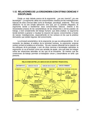 19
1.12 RELACIONES DE LA ERGONOMIA CON OTRAS CIENCIAS Y
DISCIPLINAS.
Existe un viejo debate acerca de la ergonomía: ¿es una ciencia? ¿es una
tecnología? La ergonomía utiliza los conocimientos creados por las investigaciones
básicas de otras ciencias tales como la fisiología, psicología, anatomía. Pero esa
utilización no es una simple aplicación, sino que, por su carácter integrador, la
ergonomía tiende a transformar esos conocimientos básicos. Debido a las
necesidades propias de las características de las situaciones o de los puestos de
trabajo, o bien simplemente del trabajo humano que debe analizar, la ergonomía
tiende también a generar o impulsar la creación de nuevos conocimientos a través
de nuevas investigaciones, especialmente en los campos en los que la práctica
demuestra que existen lagunas del conocimiento.
La principal característica de la ergonomía es que es antropocéntrica. En el
momento de plantear el análisis de la actividad humana, la ergonomía propone
centrar primero el análisis en el hombre. De una manera diferente de la mayoría de
los enfoques de la psicología, o aún de otras ciencias o tecnologías aplicadas, la
ergonomía no ve al hombre como una variable de ajuste, sino que trata de indagar
sobre las situaciones laborales en las que él se encuentra, de manera que las
condiciones de trabajo permitan al trabajador crecer y desarrollarse en tanto que
persona.
 