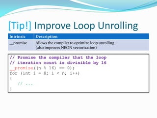 [Tip!] Improve Loop Unrolling
Intrinsic Description
__promise Allows the compiler to optimize loop unrolling
(also improves NEON vectorization)
// Promise the compiler that the loop
// iteration count is divisible by 16
__promise((n % 16) == 0);
for (int i = 0; i < n; i++)
{
// ...
}
 