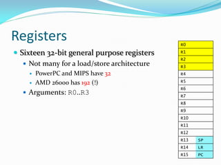 Registers R0
R1
R2
R3
R4
R5
R6
R7
R8
R9
R10
R11
R12
R13 SP
R14 LR
R15 PC
 Sixteen 32-bit general purpose registers
 Not many for a load/store architecture
 PowerPC and MIPS have 32
 AMD 26000 has 192 (!)
 Arguments: R0..R3
 