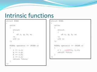 Intrinsic functions
struct RGBA
{
union
{
struct
{
u8 r, g, b, a;
};
u32 c;
};
RGBA& operator += (RGBA o)
{
r += o.r;
g += o.g;
b += o.b;
a += o.a;
return *this;
}
};
struct RGBA
{
union
{
struct
{
u8 r, g, b, a;
};
u32 c;
};
RGBA& operator += (RGBA o)
{
c = __uadd8(c, o.c);
return *this;
}
};
 