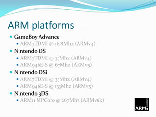 ARM platforms
 PlayStation Vita
 ARM Cortex-A9 MPCore (ARMv7)
 Apple iPhone/iPod/iPad
 ARM1176JZ(F)-S (ARMv6)
 ARM Co...