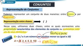 Representação de Conjuntos
Podemos representar um conjunto de duas maneiras: entre chaves e por
diagramas.
Representação entre chaves
Nesse caso, utilizamos duas chaves, entre as quais escrevemos uma
propriedade característica dos elementos do conjunto ou nomeamos cada
um de seus elementos.
A = {x / x é um número par positivo menor ou igual a 10}
A = {0, 2, 4, 6, 8, 10}
{ }
CONJUNTOS
6
 