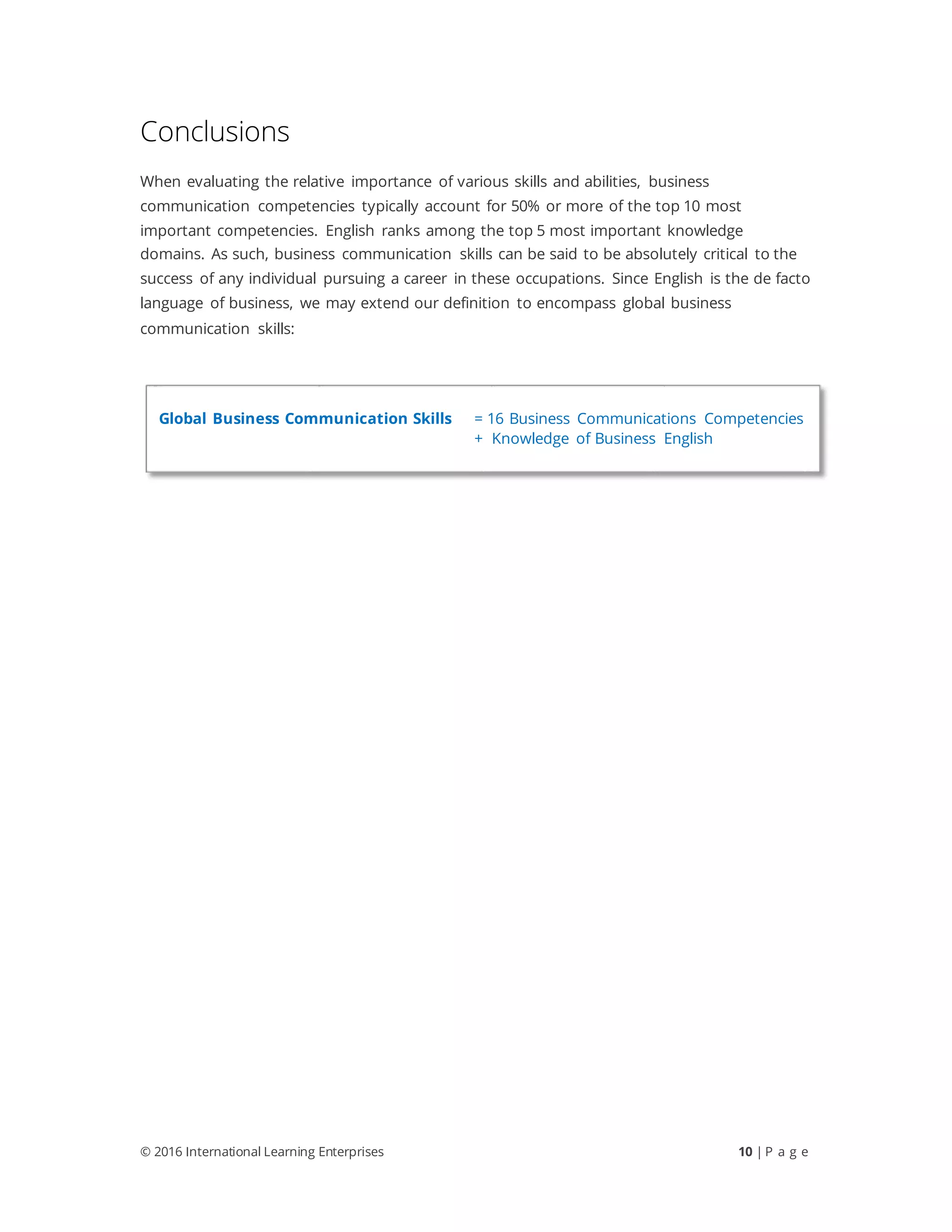 © 2016 International Learning Enterprises 10 | P a g e
Conclusions
When evaluating the relative importance of various skills and abilities, business
communication competencies typically account for 50% or more of the top 10 most
important competencies. English ranks among the top 5 most important knowledge
domains. As such, business communication skills can be said to be absolutely critical to the
success of any individual pursuing a career in these occupations. Since English is the de facto
language of business, we may extend our definition to encompass global business
communication skills:
Global Business Communication Skills = 16 Business Communications Competencies
+ Knowledge of Business English
 