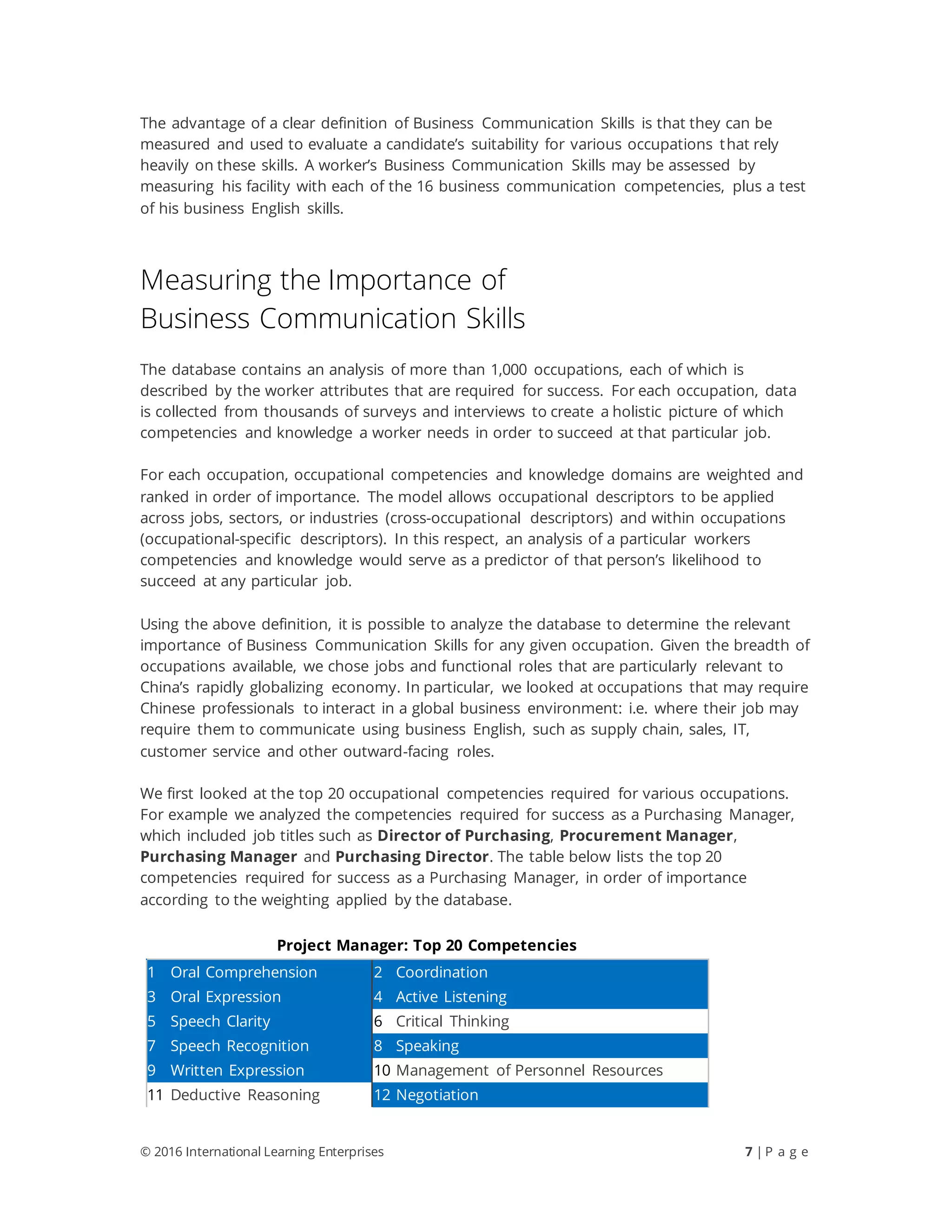 © 2016 International Learning Enterprises 7 | P a g e
The advantage of a clear definition of Business Communication Skills is that they can be
measured and used to evaluate a candidate’s suitability for various occupations that rely
heavily on these skills. A worker’s Business Communication Skills may be assessed by
measuring his facility with each of the 16 business communication competencies, plus a test
of his business English skills.
Measuring the Importance of
Business Communication Skills
The database contains an analysis of more than 1,000 occupations, each of which is
described by the worker attributes that are required for success. For each occupation, data
is collected from thousands of surveys and interviews to create a holistic picture of which
competencies and knowledge a worker needs in order to succeed at that particular job.
For each occupation, occupational competencies and knowledge domains are weighted and
ranked in order of importance. The model allows occupational descriptors to be applied
across jobs, sectors, or industries (cross-occupational descriptors) and within occupations
(occupational-specific descriptors). In this respect, an analysis of a particular workers
competencies and knowledge would serve as a predictor of that person’s likelihood to
succeed at any particular job.
Using the above definition, it is possible to analyze the database to determine the relevant
importance of Business Communication Skills for any given occupation. Given the breadth of
occupations available, we chose jobs and functional roles that are particularly relevant to
China’s rapidly globalizing economy. In particular, we looked at occupations that may require
Chinese professionals to interact in a global business environment: i.e. where their job may
require them to communicate using business English, such as supply chain, sales, IT,
customer service and other outward-facing roles.
We first looked at the top 20 occupational competencies required for various occupations.
For example we analyzed the competencies required for success as a Purchasing Manager,
which included job titles such as Director of Purchasing, Procurement Manager,
Purchasing Manager and Purchasing Director. The table below lists the top 20
competencies required for success as a Purchasing Manager, in order of importance
according to the weighting applied by the database.
Project Manager: Top 20 Competencies
1 Oral Comprehension 2 Coordination
3 Oral Expression 4 Active Listening
5 Speech Clarity 6 Critical Thinking
7 Speech Recognition 8 Speaking
9 Written Expression 10 Management of Personnel Resources
11 Deductive Reasoning 12 Negotiation
 