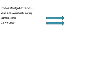 Irmãos Montgolfier James
Watt Leeuwenhoek Bering
James Cook
La Pérouse
 