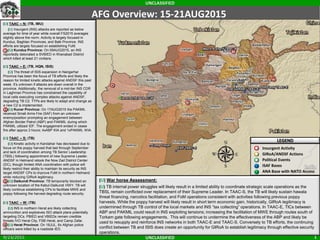 UNCLASSIFIED
UNCLASSIFIED 19/23/2015
AFG Overview: 15-21AUG2015
LEGEND
Insurgent Activity
GIRoA/ANSF Actions
Political Events
ISAF Bases
ANA Base with NATO Access
(U) TAAC – N: (TB, IMU)
(U) Insurgent (INS) attacks are reported as below
average for time of year while overall FS2015 averages
slightly above the norm. Activity is largely focused in
Kunduz, Baghlan Provinces, and Balk Province. INS
efforts are largely focused on establishing FoM.
(U) Kunduz Province: On 09AUG2015, an INS
reportedly detonated a SVBIED in Khanabad District
which killed at least 21 civilians.
(U) TAAC – E: (TB, HQN, ISIS)
(U) The threat of ISIS expansion in Nangarhar
Province has been the focus of TB efforts and likely the
reason for limited kinetic attacks against ANDSF this past
week. It’s unknown if attacks are down overall in the
province. Additionally, the removal of a mid-tier INS CDR
in Laghman Province has constrained the capability of
local cells executing complex attacks against ANDSF,
degrading TB C2. TTPs are likely to adapt and change as
a new C2 is implemented.
(U) Kunar Province: On 17AUG2015 the PAKMIL
received Small Arms Fire (SAF) from an unknown
enemy/position prompting an engagement between
Afghan Border Patrol (ABP) and PAKMIL during which
PAKMIL utilized IDF. The engagement ended in cease
fire after approx 2 hours; 4xABP KIA and 1xPAKMIL WIA.
(U) TAAC – S: (TB)
(U) Kinetic activity in Kandahar has decreased due to
focus on the poppy harvest that last through September
and lack of coordination among TB Senior Leadership
(TBSL) following appointment of new Supreme Leader.
ANDSF in Helmand retook the Now Zad District Center
(DC), though limited ANA coordination with police will
likely restrict their ability to maintain its security as INS
target ANDSF CPs to improve FoM in northern Helmand
while reducing GIRoA legitimacy.
(U) Daikundi Province: TB temporarily blocked an
unknown location of the Kabul-Daikundi HWY. TB will
likely continue establishing CPs to facilitate MWE and
poppy following the harvest degrading route security.
(U) TAAC – W: (TB)
(U) INS in northern Herat are likely collecting
ammunition and explosives ISO attack plans potentially
targeting DCs. PBIED and VBIEDs remain credible
threats IVO Herat City, FSB Herat, and Camp Zafar.
(U) Herat Province: On 18JUL, 6x Afghan police
officers were killed by a roadside IED.
(U) War horse Assessment:
(U) TB internal power struggles will likely result in a limited ability to coordinate strategic scale operations as the
TBSL remain conflicted over replacement of their Supreme Leader. In TAAC-S, the TB will likely sustain hawala
threat financing, narcotics facilitation, and FoM operations consistent with activities following previous poppy
harvests. While the poppy harvest will likely result in short term economic gain, historically, GIRoA legitimacy is
undermined through TB control of the local markets and INS “tax collecting” operations. In TAAC-E, TICs between
ABP and PAKMIL could result in INS exploiting tensions; increasing the facilitation of MWE through routes south of
Torkam gate following engagements. This will continue to undermine the effectiveness of the ABP and likely be
used to resupply and reinforce INS networks in both TAAC-E and TAAC-S. Conversely to TB efforts, the continuing
conflict between TB and ISIS does create an opportunity for GIRoA to establish legitimacy through effective security
operations.
1
2
3
4
4
2
LEGEND
Insurgent Activity
GIRoA/ANDSF Actions
Political Events
ISAF Bases
ANA Base with NATO Access
1
3
 