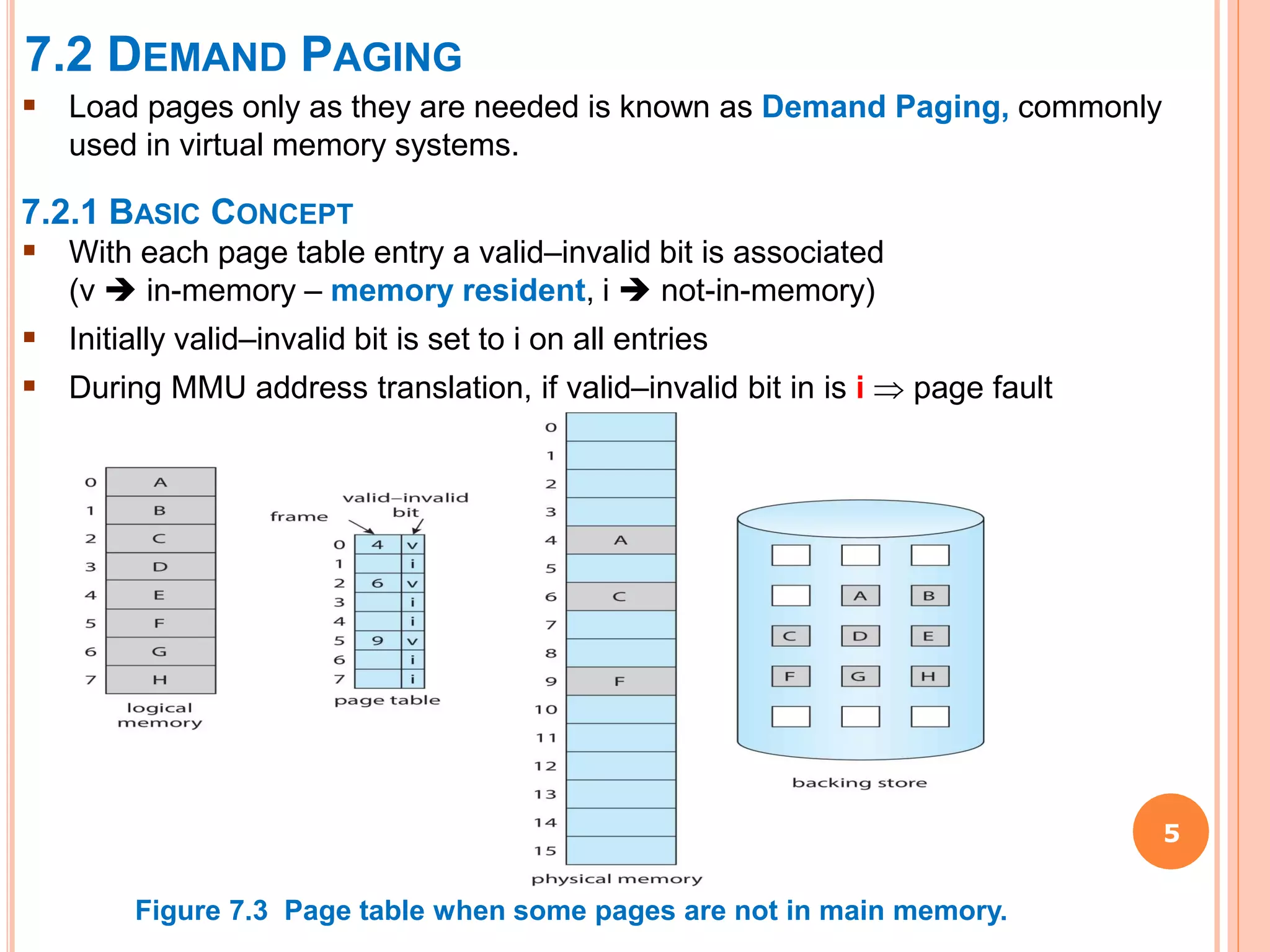 7.2 DEMAND PAGING
5
 Load pages only as they are needed is known as Demand Paging, commonly
used in virtual memory systems.
7.2.1 BASIC CONCEPT
 With each page table entry a valid–invalid bit is associated
(v  in-memory – memory resident, i  not-in-memory)
 Initially valid–invalid bit is set to i on all entries
 During MMU address translation, if valid–invalid bit in is i  page fault
Figure 7.3 Page table when some pages are not in main memory.
 