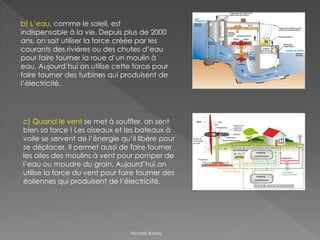 b) L’eau, comme le soleil, est
indispensable à la vie. Depuis plus de 2000
ans, on sait utiliser la force créée par les
courants des rivières ou des chutes d’eau
pour faire tourner la roue d’un moulin à
eau. Aujourd’hui on utilise cette force pour
faire tourner des turbines qui produisent de
l’électricité.
c) Quand le vent se met à souffler, on sent
bien sa force ! Les oiseaux et les bateaux à
voile se servent de l’énergie qu’il libère pour
se déplacer. Il permet aussi de faire tourner
les ailes des moulins à vent pour pomper de
l’eau ou moudre du grain. Aujourd’hui on
utilise la force du vent pour faire tourner des
éoliennes qui produisent de l’électricité.
Nicolas Rubay
 