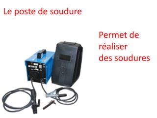 Le poste de soudure
Permet de
réaliser
des soudures
 