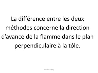 La différence entre les deux
méthodes concerne la direction
d’avance de la flamme dans le plan
perpendiculaire à la tôle.
Nicolas Rubay
 
