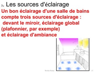 Nicolas Rubay 17
3. Les sources d'éclairage
Un bon éclairage d'une salle de bains
compte trois sources d'éclairage :
devant le miroir, éclairage global
(plafonnier, par exemple)
et éclairage d'ambiance
 