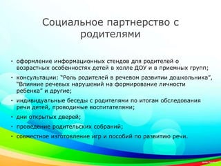 Социальное партнерство с
родителями
• оформление информационных стендов для родителей о
возрастных особенностях детей в холле ДОУ и в приемных групп;
• консультации: “Роль родителей в речевом развитии дошкольника”,
“Влияние речевых нарушений на формирование личности
ребенка” и другие;
• индивидуальные беседы с родителями по итогам обследования
речи детей, проводимые воспитателями;
• дни открытых дверей;
• проведение родительских собраний;
• совместное изготовление игр и пособий по развитию речи.
 
