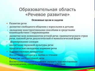 Образовательная область
«Речевое развитие»
Основные цели и задачи
 Развитие речи
- развитие свободного общения с взрослыми и детьми
- овладение конструктивными способами и средствами
взаимодействия с окружающими
- развитие всех компонентов устной речи: грамматического строя
речи, связной речи диалогической и монологической форм
- формирование словаря
- воспитание звуковой культуры речи
- практическое овладение нормами речи
 Художественная литература
- Воспитание интереса и любви к чтению
- Развитие литературной речи
- Воспитание желания и умения слушать художественные
произведения, следить за развитием действия
 