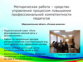 Методическая работа – средство
управления процессом повышения
профессиональной компетентности
педагогов
• Педагогический совет «Пути
формирования связной речи у
дошкольников»;
• Работа по наполнению центров
речевого развития (систематизация игр,
изготовление игр, оформление центра)
• Смотр-конкурс на лучший центр
речевого развития детей в ДОУ;
• Консультации с педагогами «Новинки
литературы и дидактического материала
по теме в методкабинете».
Образовательная область «Речевое развитие»
Педагогический совет
 