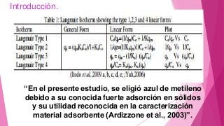 Introducción.
“En el presente estudio, se eligió azul de metileno
debido a su conocida fuerte adsorción en sólidos
y su utilidad reconocida en la caracterización
material adsorbente (Ardizzone et al., 2003)”.
 