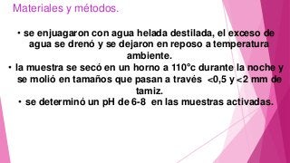 Materiales y métodos.
• se enjuagaron con agua helada destilada, el exceso de
agua se drenó y se dejaron en reposo a temperatura
ambiente.
• la muestra se secó en un horno a 110°c durante la noche y
se molió en tamaños que pasan a través <0,5 y <2 mm de
tamiz.
• se determinó un pH de 6-8 en las muestras activadas.
 