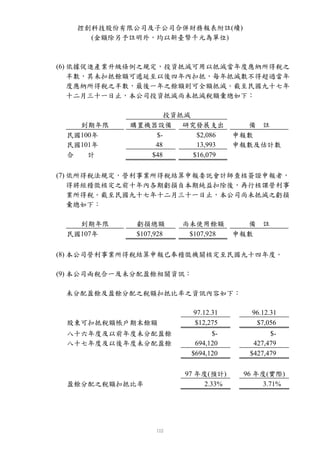 控創科技股份有限公司及子公司合併財務報表附註(續)
     (金額除另予註明外，均以新臺幣千元為單位)



(6) 依據促進產業升級條例之規定，投資抵減可用以抵減當年度應納所得稅之
    半數，其未扣抵餘額可遞延至以後四年內扣抵，每年抵減數不得超過當年
    度應納所得稅之半數，最後一年之餘額則可全額抵減。截至民國九十七年
    十二月三十一日止，本公司投資抵減尚未抵減稅額彙總如下：

                 投資抵減
   到期年限    購置機器設備   研究發展支出             備 註
 民國100年        $-      $2,086        申報數
 民國101年        48      13,993        申報數及估計數
 合   計        $48     $16,079

(7) 依所得稅法規定，營利事業所得稅結算申報委託會計師查核簽證申報者，
    得將經稽徵核定之前十年內各期虧損自本期純益扣除後，再行核課營利事
    業所得稅。截至民國九十七年十二月三十一日止，本公司尚未抵減之虧損
    彙總如下：

   到期年限      虧損總額       尚未使用餘額         備   註
 民國107年      $107,928    $107,928    申報數

(8) 本公司營利事業所得稅結算申報已奉稽徵機關核定至民國九十四年度。

(9) 本公司兩稅合一及未分配盈餘相關資訊：

 未分配盈餘及盈餘分配之稅額扣抵比率之資訊內容如下：

                          97.12.31      96.12.31
 股東可扣抵稅額帳戶期末餘額            $12,275        $7,056
 八十六年度及以前年度未分配盈餘               $-            $-
 八十七年度及以後年度未分配盈餘          694,120       427,479
                         $694,120      $427,479

                        97 年度(預計)     96 年度(實際)
 盈餘分配之稅額扣抵比率                 2.33%         3.71%
 