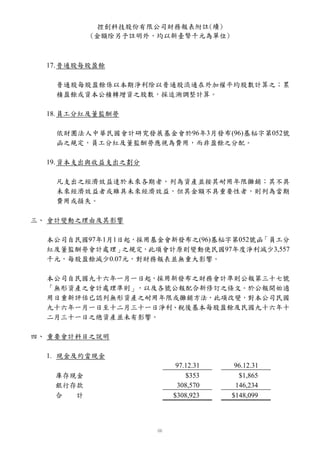控創科技股份有限公司財務報表附註(續)
          (金額除另予註明外，均以新臺幣千元為單位)



  17. 普通股每股盈餘

   普通股每股盈餘係以本期淨利除以普通股流通在外加權平均股數計算之；累
   積盈餘或資本公積轉增資之股數，採追溯調整計算。

  18. 員工分紅及董監酬勞

   依財團法人中華民國會計研究發展基金會於96年3月發布(96)基秘字第052號
   函之規定，員工分紅及董監酬勞應視為費用，而非盈餘之分配。

  19. 資本支出與收益支出之劃分

   凡支出之經濟效益達於未來各期者，列為資產並按其耐用年限攤銷；其不具
   未來經濟效益者或雖具未來經濟效益，但其金額不具重要性者，則列為當期
   費用或損失。

三、 會計變動之理由及其影響

  本公司自民國97年1月1日起，採用基金會新發布之(96)基秘字第052號函「員工分
  紅及董監酬勞會計處理」  之規定，此項會計原則變動使民國97年度淨利減少3,557
  千元，每股盈餘減少0.07元，對財務報表並無重大影響。

  本公司自民國九十六年一月一日起，採用新發布之財務會計準則公報第三十七號
  「無形資產之會計處理準則」，以及各號公報配合新修訂之條文。於公報開始適
  用日重新評估已認列無形資產之耐用年限或攤銷方法，此項改變，對本公司民國
  九十六年一月一日至十二月三十一日淨利、稅後基本每股盈餘及民國九十六年十
  二月三十一日之總資產並未有影響。

四、 重要會計科目之說明

  1. 現金及約當現金
                        97.12.31    96.12.31
   庫存現金                    $353      $1,865
   銀行存款                 308,570     146,234
   合  計                $308,923    $148,099
 