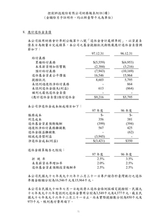 控創科技股份有限公司財務報表附註(續)
       (金額除另予註明外，均以新臺幣千元為單位)



8. 應計退休金負債

 本公司採用財務會計準則公報第十八號「退休金會計處理準則」，以資產負
 債表日為衡量日完成精算，本公司之基金提撥狀況與帳載應計退休金負債調
 節如下：
                   97.12.31  96.12.31
  給付義務
    累積給付義務          $(5,559)  $(6,953)
    未來薪資增加影響數        (2,384)   (3,216)
    預計給付義務           (7,943)  (10,169)
  退休基金資產公平價值         16,546    15,964
  提撥狀況                8,603     5,795
  未認列過渡性淨給付義務             -       864
  未認列退休金損失(利益)          613      (864)
  補列之最低退休金負債              -         -
  (應計退休金負債)預付退休金     $9,216    $5,795

 本公司淨退休金成本組成項目如下：
                      97 年度       96 年度
 服務成本                       $-         $-
 利息成本                      356        381
 退休基金資產預期報酬               (399)      (394)
 過渡性淨給付義務攤銷數               567        425
 退休金損益攤銷數                    -        (62)
 縮減或清償利益                (3,945)         -
 淨退休金成本(利益)            $(3,421)      $350

 退休金精算報告之假設：
                      97 年度       96 年度
   折 現 率                 2.5%        3.5%
   未來薪資水準增加率             2.0%        2.5%
   退休基金資產預期投資報酬率         2.5%        2.5%

 本公司民國九十七年及九十六年十二月三十一日專戶儲存於臺灣銀行之退休
 準備金餘額分別為16,546千元及15,964千元。

 本公司自民國九十四年七月一日起依勞工退休金條例採確定提撥制，民國九
 十七年及九十六年度認列之退休金費用分別為3,549千元及4,377千元，截至民
 國九十七年及九十六年十二月三十一日止，尚未實際提撥數分別為850千元及
 975千元，帳列應付費用項下。
 