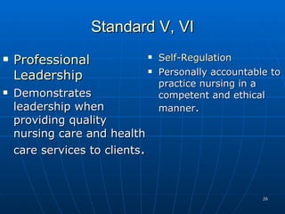 Standard V, VI Professional Leadership Demonstrates leadership when providing quality nursing care and health care services to clients . Self-Regulation Personally accountable to practice nursing in a competent and ethical manner . 