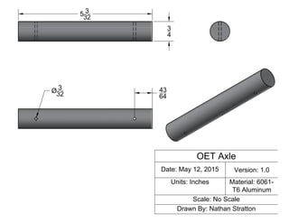 OET Axle
Date: May 12, 2015 Version: 1.0
Units: Inches Material: 6061-
T6 Aluminum
Scale: No Scale
Drawn By: Nathan Stratton
5 3
32
3
32
3
4
43
64
 