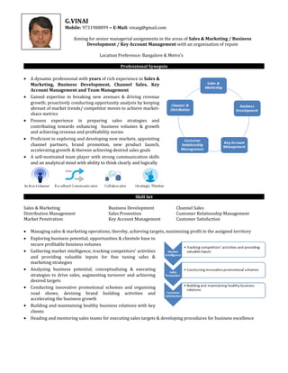 G.VINAI
Mobile: 9731988899 ~ E-Mail: vinaig@gmail.com
Aiming for senior managerial assignments in the areas of Sales & Marketing / Business
Development / Key Account Management with an organisation of repute
Location Preference: Bangalore & Metro’s
Professional Synopsis
• A dynamic professional with years of rich experience in Sales &
Marketing, Business Development, Channel Sales, Key
Account Management and Team Management
• Gained expertise in breaking new avenues & driving revenue
growth; proactively conducting opportunity analysis by keeping
abreast of market trends/ competitor moves to achieve market-
share metrics
• Possess experience in preparing sales strategies and
contributing towards enhancing business volumes & growth
and achieving revenue and profitability norms
• Proficient in exploring and developing new markets, appointing
channel partners, brand promotion, new product launch,
accelerating growth & thereon achieving desired sales goals
• A self-motivated team player with strong communication skills
and an analytical mind with ability to think clearly and logically
Skill Set
Sales & Marketing Business Development Channel Sales
Distribution Management Sales Promotion Customer Relationship Management
Market Penetration Key Account Management Customer Satisfaction
• Managing sales & marketing operations, thereby, achieving targets, maximizing profit in the assigned territory
• Exploring business potential, opportunities & clientele base to
secure profitable business volumes
• Gathering market intelligence, tracking competitors’ activities
and providing valuable inputs for fine tuning sales &
marketing strategies
• Analysing business potential, conceptualizing & executing
strategies to drive sales, augmenting turnover and achieving
desired targets
• Conducting innovative promotional schemes and organising
road shows, devising brand building activities and
accelerating the business growth
• Building and maintaining healthy business relations with key
clients
• Heading and mentoring sales teams for executing sales targets & developing procedures for business excellence
 