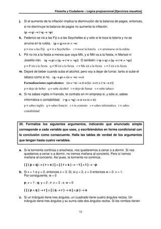 Filosofía y Ciudadanía – Lógica proposicional [Ejercicios resueltos]
12
j. Si el aumento de la inflación implica la disminución de la balanza de pagos, entonces,
si no disminuye la balanza de pagos no aumenta la inflación.
(p →→→→ q) →→→→ (¬q →→→→ ¬p)
k. Federico se irá a las Fiji o a las Seychelles si y sólo si le toca la lotería y no se
arruina en la ruleta. (p ∨∨∨∨ q) ↔↔↔↔ (r ∧∧∧∧ ¬s)
p ≡ irse a las Fiji q ≡ ir a Seychelles r ≡ tocar la lotería s ≡ arruinarse en la ruleta
l. Pili no irá a la fiesta a menos que vaya Mili, y si Mili va a la fiesta, ni Marisol ni
Joselito irán. (q →→→→ p) ∧∧∧∧ [q →→→→ (¬r ∧∧∧∧ ¬q)] O también: (¬p ∨∨∨∨ q) ∧∧∧∧ [q →→→→ (¬r ∧∧∧∧ ¬q)]
p ≡ P irá a la fiesta q ≡ M irá a la fiesta r ≡ Ma irá a la fiesta s ≡ J irá a la fiesta
m. Dejaré de beber cuando suba el alcohol, pero voy a dejar de fumar, tanto si sube el
tabaco como si no. (q →→→→ p) ∧∧∧∧ ((s ∨∨∨∨ ¬s) →→→→ r)
Formalizaciones equivalentes: ((s ∨∨∨∨ ¬s) →→→→ r) ≡≡≡≡ [(s →→→→ r) ∧∧∧∧ (¬s →→→→ r)]
p ≡ dejo de beber q ≡ sube alcohol r ≡ dejo de fumar s ≡ sube tabaco
n. Si no sabes inglés ni francés, te contrato en mi empresa si, y sólo si, sabes
informática o contabilidad. (¬p ∧∧∧∧ ¬q) →→→→ (r ↔↔↔↔ (s ∨∨∨∨ t))
p ≡ sabes inglés q ≡ sabes francés r ≡ te contrato s ≡ sabes informática t ≡ sabes
contabilidad
20. Formaliza los siguientes argumentos, indicando qué enunciado simple
corresponde a cada variable que uses, y escribiéndolos en forma condicional con
la conclusión como consecuente. Halla las tablas de verdad de los argumentos
que tengan hasta cuatro variables.
a. Si la tormenta continúa o anochece, nos quedaremos a cenar o a dormir. Si nos
quedamos a cenar o a dormir, no iremos mañana al concierto. Pero sí iremos
mañana al concierto. Así pues, la tormenta no continúa.
{ [ ( p ∨∨∨∨ q) →→→→ ( r ∨∨∨∨ s ) ] ∧∧∧∧ [ ( r ∨∨∨∨ s ) →→→→ ¬ t ] ∧∧∧∧ t } →→→→ ¬p
b. Si x = 1 e y = 2, entonces z = 3. Si, si y = 2, z = 3 entonces w = 0. x = 1.
Por consiguiente, w = 0
p: x = 1 ; q: y = 2 ; r: z = 3 ; s: w = 0
{ [ ( p ∧∧∧∧ q ) →→→→ r ] ∧∧∧∧ [ ( q →→→→ r ) →→→→ s ] ∧∧∧∧ p } →→→→ s
c. Si un triángulo tiene tres ángulos, un cuadrado tiene cuatro ángulos rectos. Un
triángulo tiene tres ángulos y su suma vale dos ángulos rectos. Si los rombos tienen
 