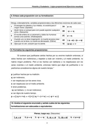 Filosofía y Ciudadanía – Lógica proposicional [Ejercicios resueltos]
4
8. Enlaza cada proposición con su formalización:
Otorga, ordenadamente, variables proposicionales a las diferentes oraciones de cada caso.
1
Si escoges tus deseos y tus miedos, no existirá para tí
ningún tirano. (Epicteto)
3A p ∧∧∧∧ q
2
Quién tiene un porqué para vivir puede soportar cualquiera
cómo. (Nietzsche)
5B ¬p →→→→ ¬q
3
El mundo entero es un escenario y todos los humanos
somos unos actores. (Shakespeare)
2C p →→→→ q
4
Cuando uno no tiene imaginación, la muerte es poca cosa;
cuando uno la tiene, la muerte es demasiado. (Céline)
4D (¬p →→→→q) ∧∧∧∧ (p →→→→¬q)
5 Ojos que no ven, corazón que no siente. 1E (p∧∧∧∧q) →→→→ ¬r
9. Formaliza las siguientes proposiciones:
“Si tuvieran que justificarse ciertos hechos por su enorme tradición entonces, si
estos hechos son inofensivos y respetan a todo ser viviente y al medio ambiente, no
habría ningún problema. Pero si los hechos son bárbaros o no respetuosos con los
seres vivientes o el medio ambiente, entonces habría que dejar de justificarlos o no
podríamos considerarnos dignos de nuestro tiempo.”
p: justificar hechos por su tradición.
q: ser inofensivo.
r: ser respetuoso con los seres vivos.
s: ser respetuoso con el medio ambiente.
t: tener problemas.
¬q: ser bárbaro. (= no ser inofensivo)
u: ser digno de nuestro tiempo.
p →→→→ [ ( q ˄ r ˄ s) →→→→ ¬t ] ˄ [ (¬q ˅ ¬( r ˅ s ) →→→→ ( ¬p ˅ ¬u ) ]
10. Analiza el siguiente enunciado y señala cuáles de las siguientes
formalizaciones son adecuadas o equivalentes:
Pienso, luego soy. (Descartes)
1. p →→→→ q 2. p ↔↔↔↔ q 3. ¬p →→→→ ¬q 4. ¬q →→→→ ¬p 5. ¬(p ∧∧∧∧¬q) 6. ¬(¬p v q)
 