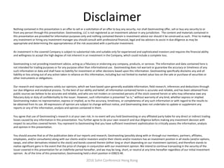 Disclaimer
Nothing contained in this presentation is an offer to sell or a solicitation of an offer to buy any security, nor shall GeoInvesting offer, sell or buy any security to or
from any person through this presentation. GeoInvesting, LLC is not registered as an investment advisor in any jurisdiction. The content and materials contained in
this presentation are provided for information purposes only and nothing contained therein is investment advice nor should it be construed as such. Prior to making
any investment or hiring any investment manager you should consult with professional financial, legal and tax advisors to assist in due diligence as may be
appropriate and determining the appropriateness of the risk associated with a particular investment.
An investment in the covered Company is subject to substantial risks and suitable only for experienced and sophisticated investors and requires the financial ability
and willingness to accept the high degree of risk inherent in an investment in the Company, which could include a complete loss.
GeoInvesting is not providing investment advice, acting as a fiduciary or endorsing any company, products, or services. The information and data contained here is
not intended for trading purposes or for any purpose other than informational use. GeoInvesting does not warrant or guarantee the accuracy or timeliness of any
such information or data and shall have no liability for investment or other decisions based upon this information. GeoInvesting specifically disclaims any and all
liability or loss arising out of any action taken in reliance on this information, including but not limited to market value loss on the sale or purchase of securities or
other instruments or obligations.
Our research and reports express solely our opinions, which we have based upon generally available information, field research, inferences and deductions through
our due diligence and analytical process. To the best of our ability and belief, all information contained herein is accurate and reliable, and has been obtained from
public sources we believe to be accurate and reliable, and who are not insiders or connected persons of the stock covered herein or who may otherwise owe any
fiduciary duty or duty of confidentiality to the issuer. However, such information is presented “as is,” without warranty of any kind, whether express or implied.
GeoInvesting makes no representation, express or implied, as to the accuracy, timeliness, or completeness of any such information or with regard to the results to
be obtained from its use. All expressions of opinion are subject to change without notice, and GeoInvesting does not undertake to update or supplement any
reports or any of the information, analysis and opinion contained in them.
You agree that use of GeoInvesting’s research is at your own risk. In no event will you hold GeoInvesting or any affiliated party liable for any direct or indirect trading
losses caused by any information in this presentation. You further agree to do your own research and due diligence before making any investment decision with
respect to securities covered herein. You represent to GeoInvesting that you have sufficient investment sophistication to critically assess the information, analysis
and opinion in this presentation.
You should assume that as of the publication date of our reports and research, GeoInvesting (possibly along with or through our members, partners, affiliates,
employees, and/or consultants) along with our clients and/or investors and/or their clients and/or investors has an investment position in all stocks (and/or options,
swaps, and other derivatives related to the stock) and bonds covered therein (either long or short depending on our investment opinion), and therefore stands to
realize significant gains in the event that the price of changes in conjunction with our investment opinion. We intend to continue transacting in the security of the
issuer covered in this presentation for an indefinite period hereafter, and we may be long, short, or neutral at any time hereafter regardless of our initial investment
opinion. As of the time of this presentation, GeoInvesting held a short position in 03823.HK.
2016 Sohn Conference Hong Kong
 