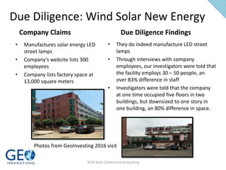 Due Diligence: Wind Solar New Energy
• Manufactures solar energy LED
street lamps
• Company’s website lists 300
employees
• Company lists factory space at
13,000 square meters
• They do indeed manufacture LED street
lamps
• Through interviews with company
employees, our investigators were told that
the facility employs 30 – 50 people, an
over 83% difference in staff
• Investigators were told that the company
at one time occupied five floors in two
buildings, but downsized to one story in
one building, an 80% difference in space.
Company Claims Due Diligence Findings
Photos from GeoInvesting 2016 visit
2016 Sohn Conference Hong Kong
 