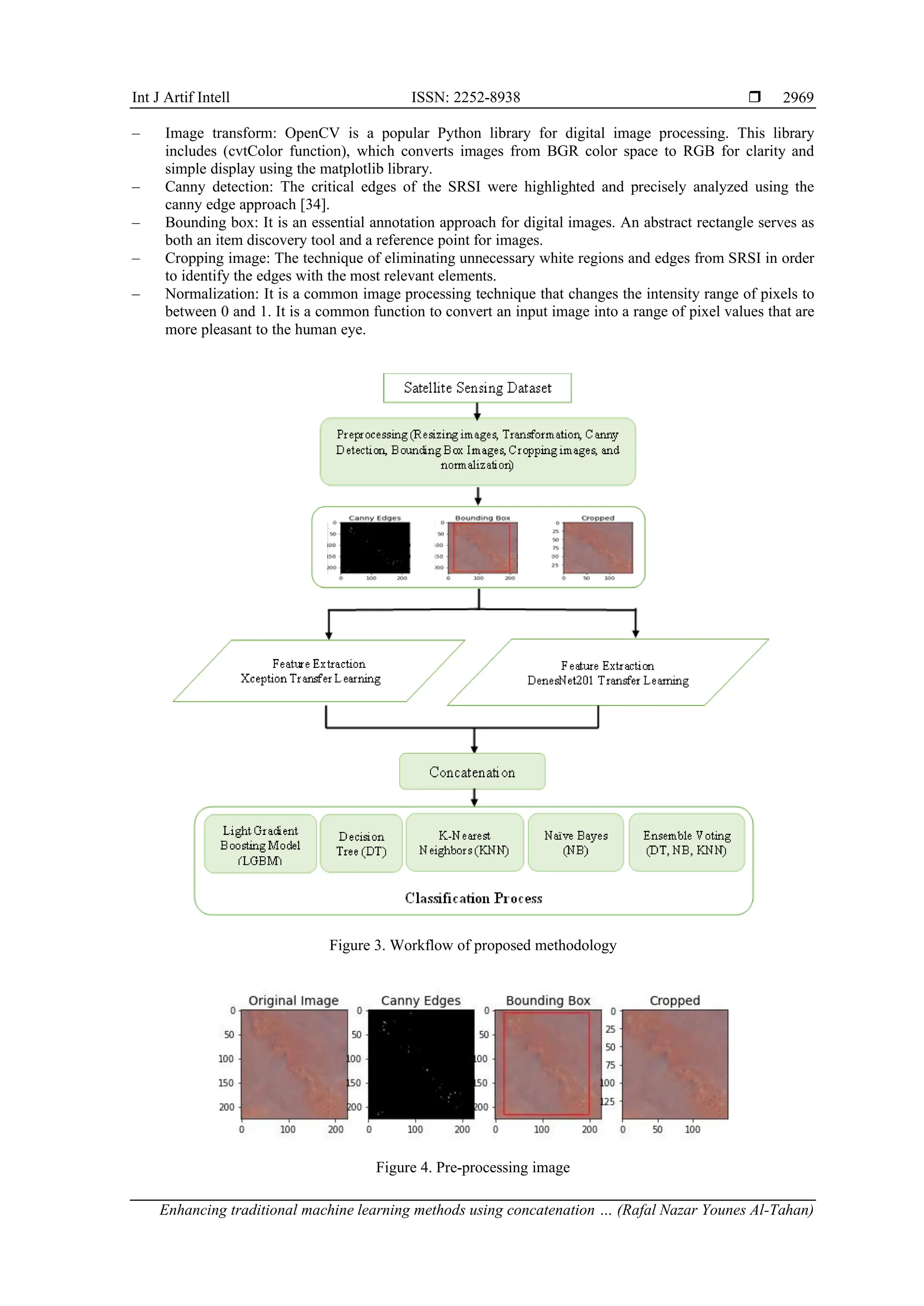 Int J Artif Intell ISSN: 2252-8938 
Enhancing traditional machine learning methods using concatenation … (Rafal Nazar Younes Al-Tahan)
2969
‒ Image transform: OpenCV is a popular Python library for digital image processing. This library
includes (cvtColor function), which converts images from BGR color space to RGB for clarity and
simple display using the matplotlib library.
‒ Canny detection: The critical edges of the SRSI were highlighted and precisely analyzed using the
canny edge approach [34].
‒ Bounding box: It is an essential annotation approach for digital images. An abstract rectangle serves as
both an item discovery tool and a reference point for images.
‒ Cropping image: The technique of eliminating unnecessary white regions and edges from SRSI in order
to identify the edges with the most relevant elements.
‒ Normalization: It is a common image processing technique that changes the intensity range of pixels to
between 0 and 1. It is a common function to convert an input image into a range of pixel values that are
more pleasant to the human eye.
Figure 3. Workflow of proposed methodology
Figure 4. Pre-processing image
 